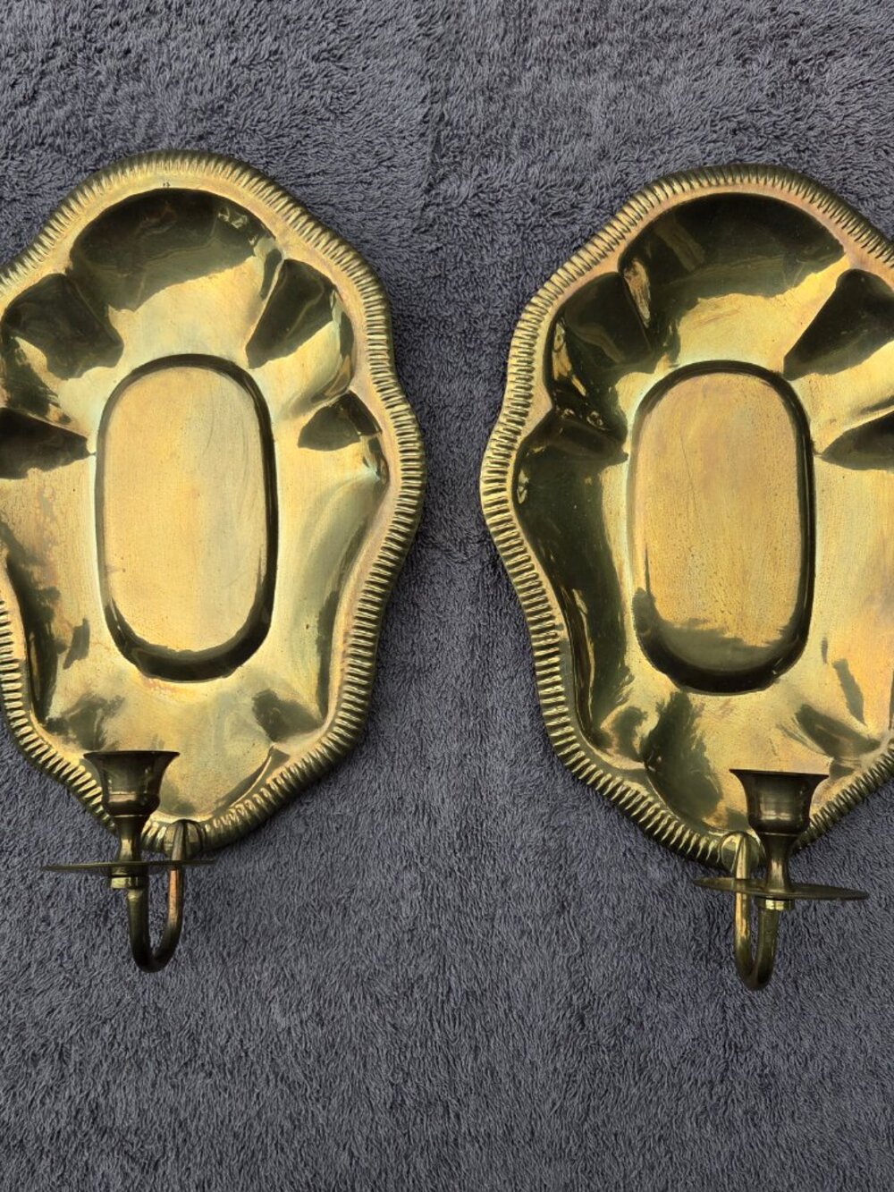 Brass Candle Wall Sconces Pair Scalloped "Pie" Crimped Edges Colonial